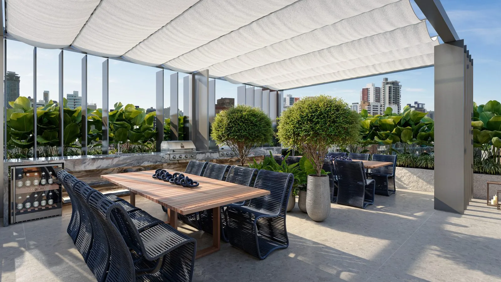 Área gourmet do rooftop do Lumini